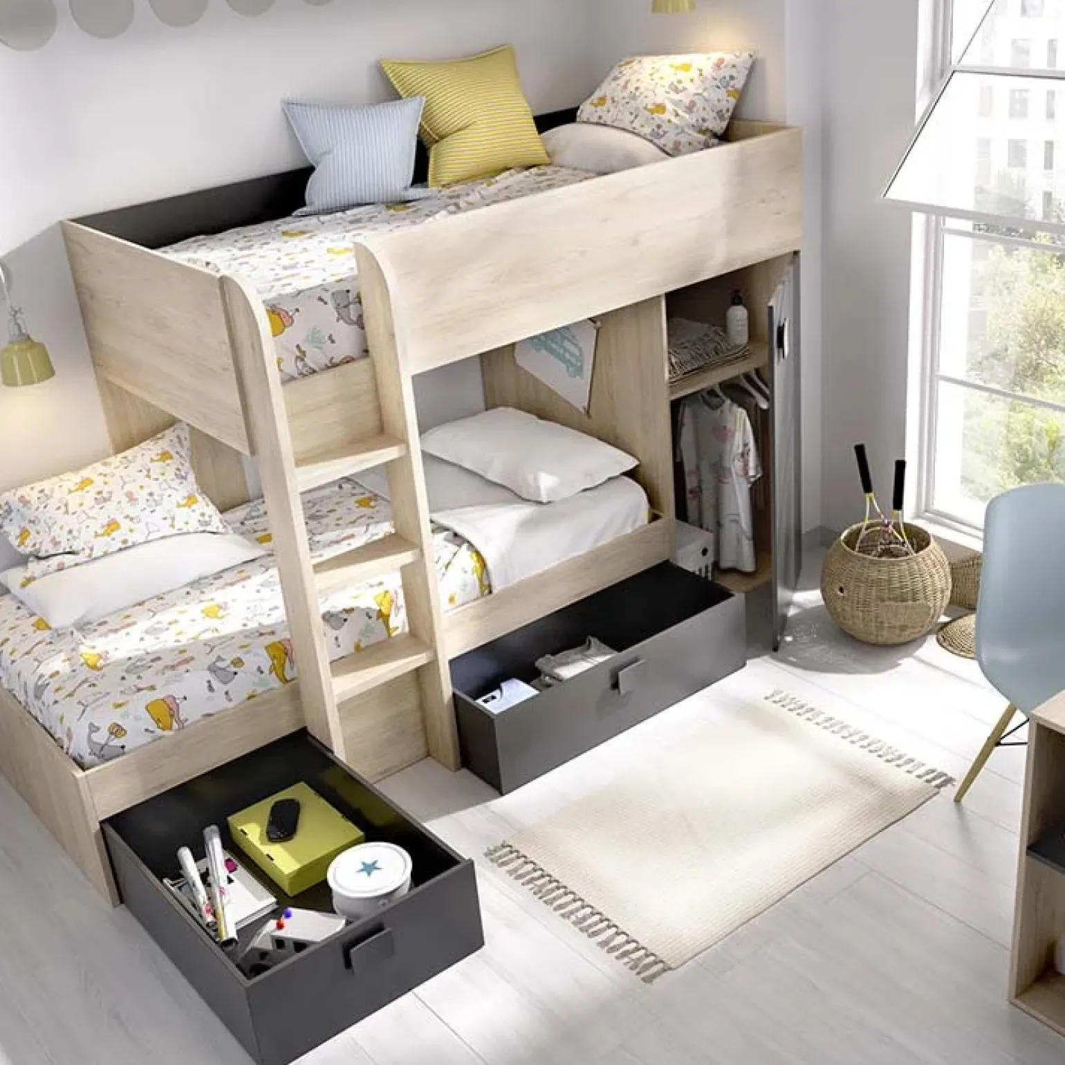 Letto a castello per bambini con armadio 255x112cm rovere grafite Sole