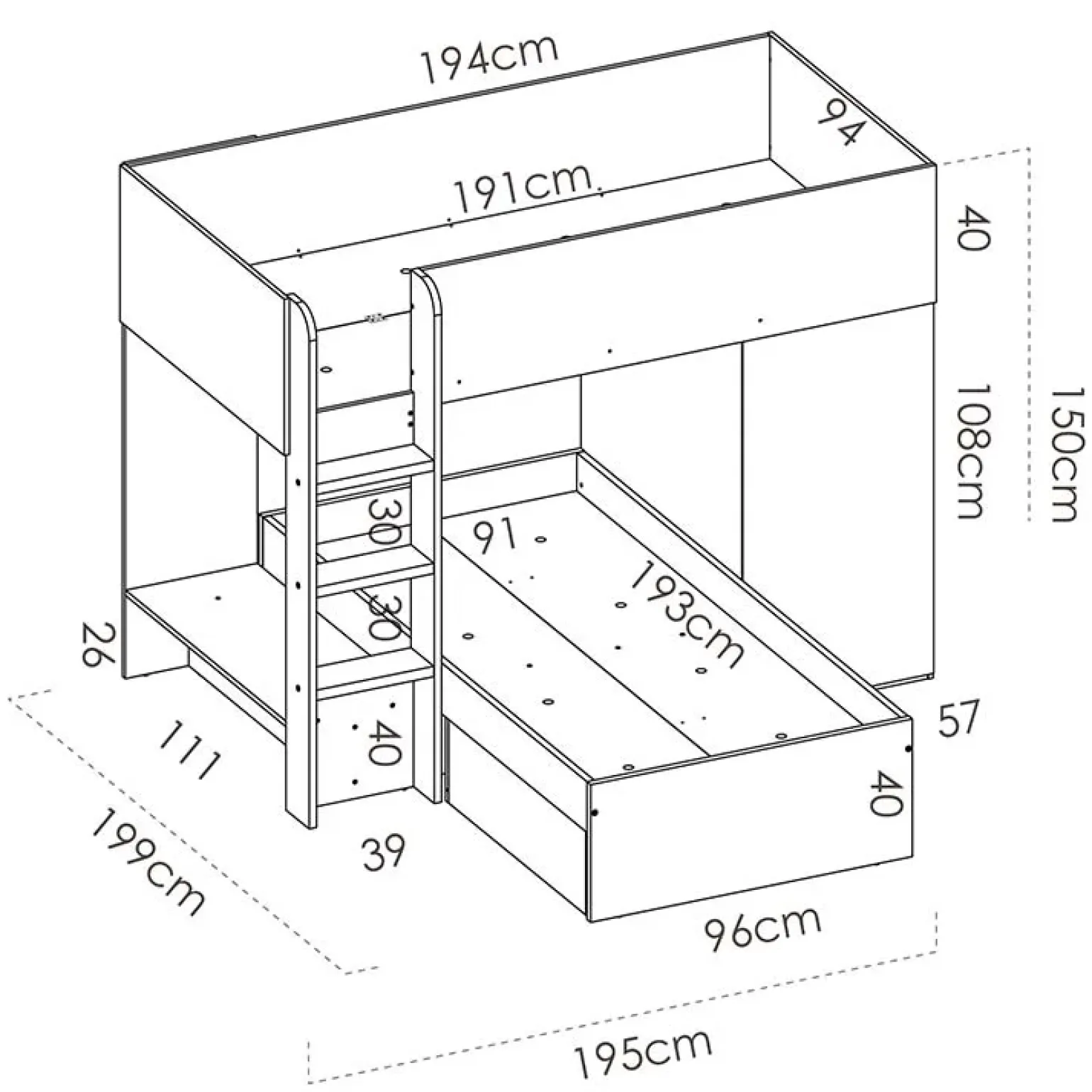 Letto a castello per bambini con armadio 255x112cm rovere grafite Sole