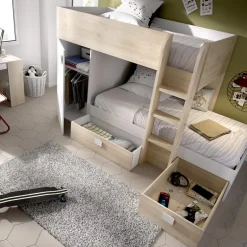 Letto a castello per bambini con armadio 255x112cm rovere bianco Sole