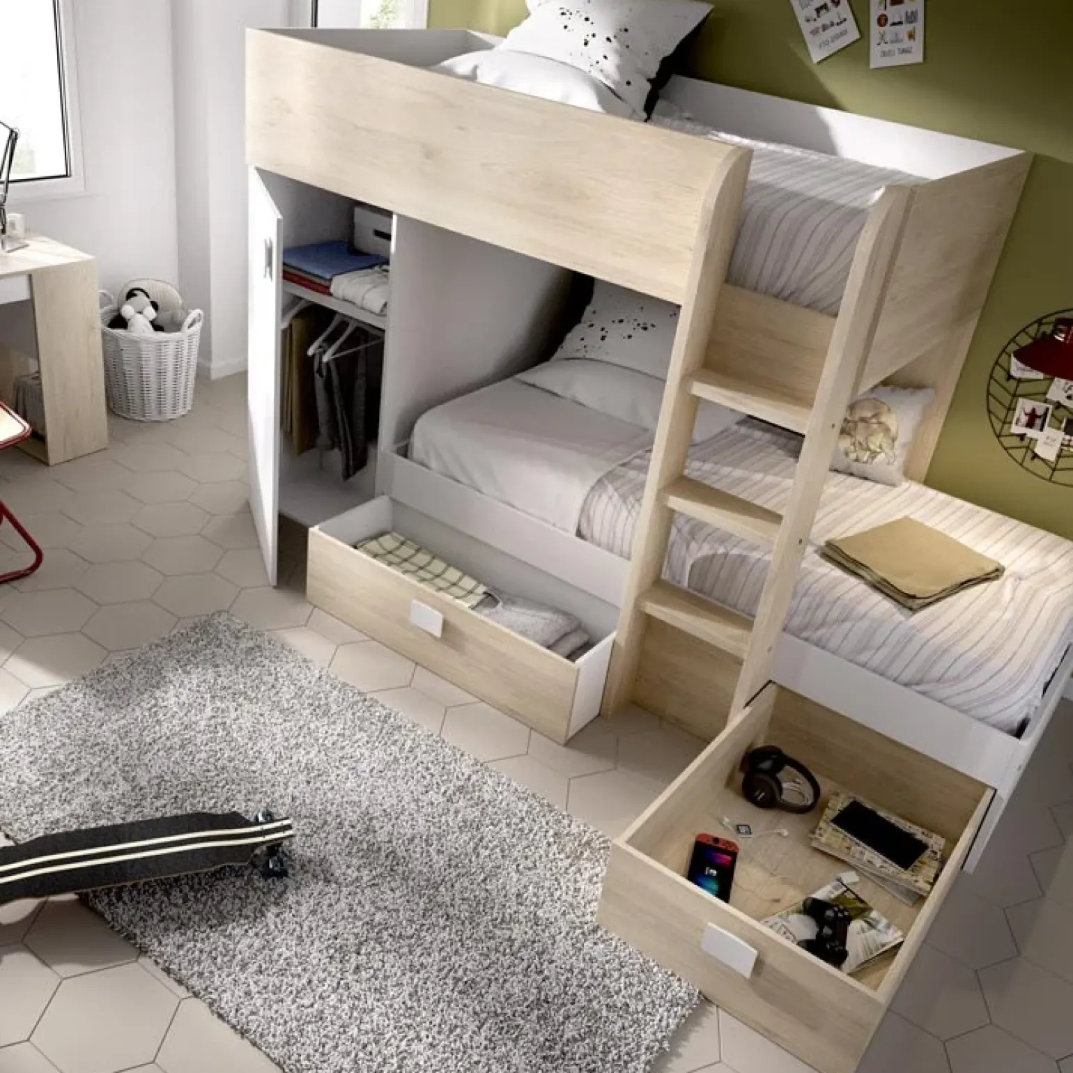 Letto a castello per bambini con armadio 255x112cm rovere bianco Sole