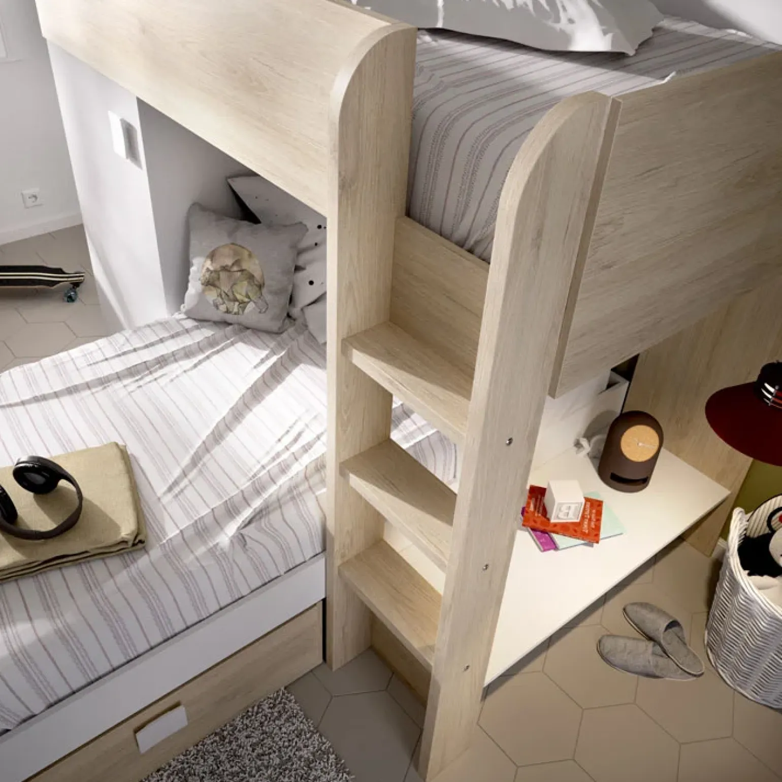 Letto a castello per bambini con armadio 255x112cm rovere bianco Sole