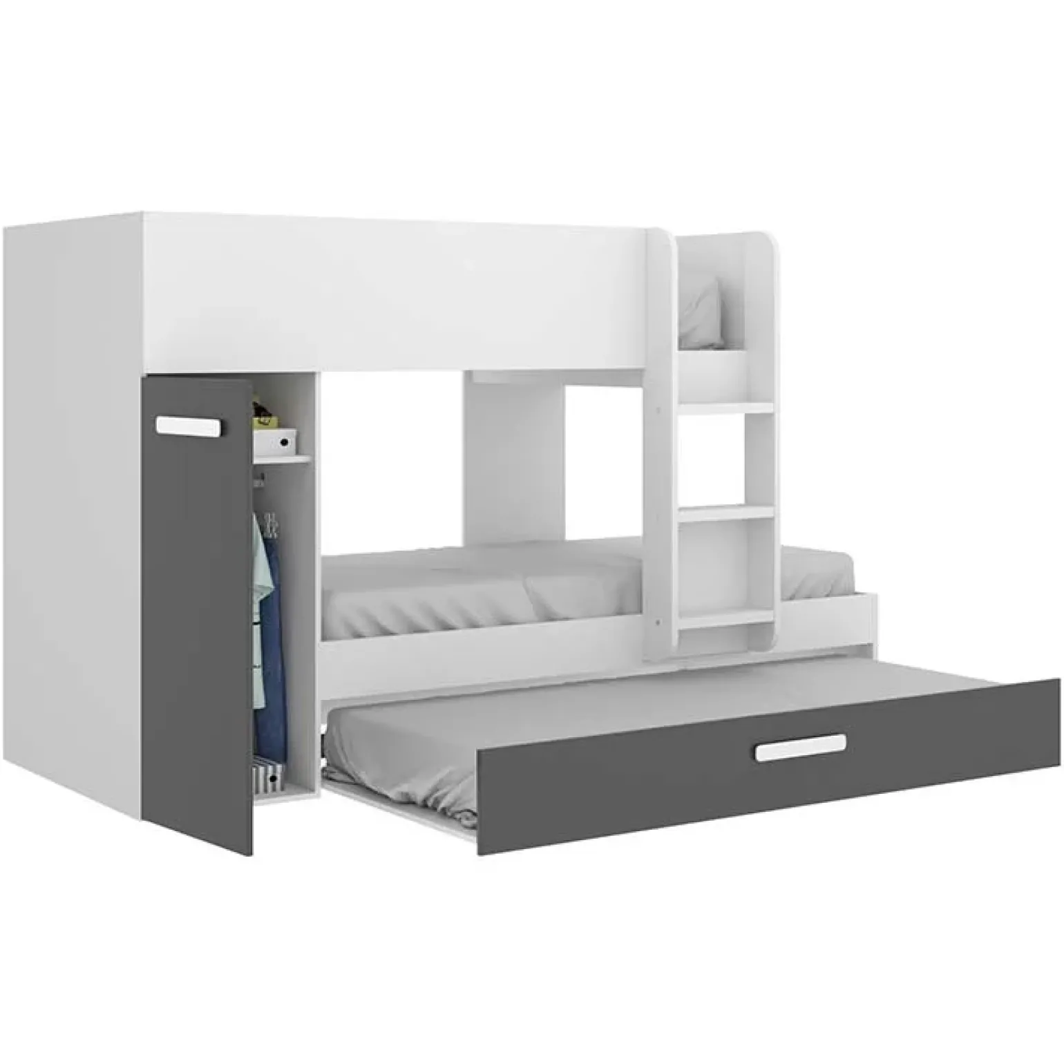 Letto a castello 90x190 con armadio 244x126cm bianco grafite 3 letti Damian