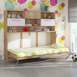 Letto a scomparsa orizzontale 90x200cm singolo con libreria rovere rosa Alvin Gihome®
