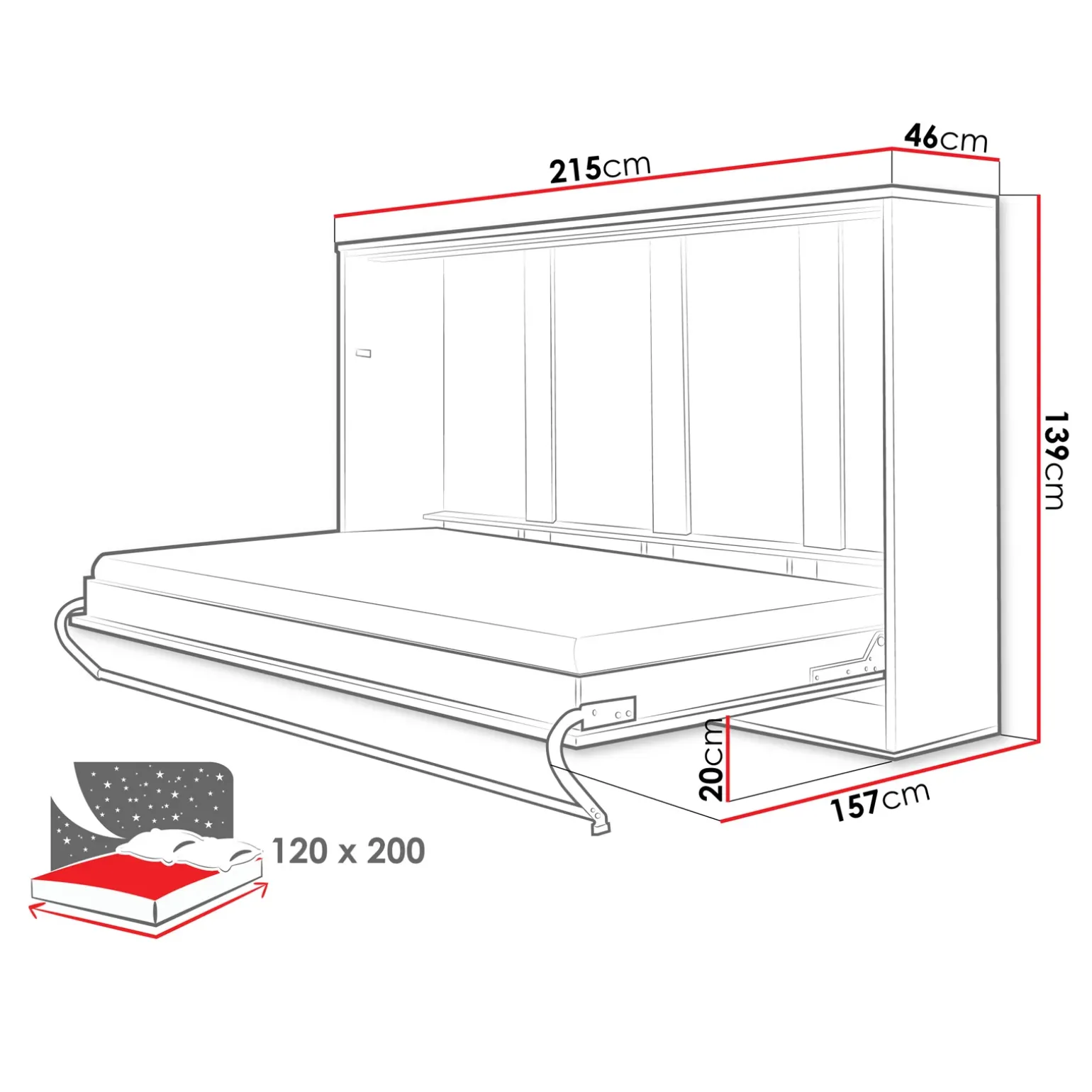Letto a scomparsa orizzontale 120x200 cm una piazza e mezza bianco Chimera