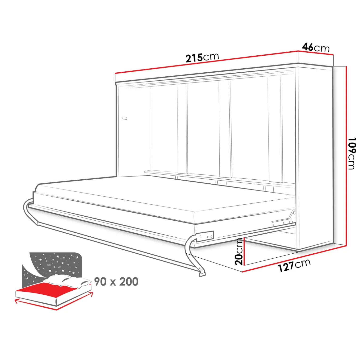 Letto a scomparsa orizzontale 90x200 cm singolo bianco Chimera