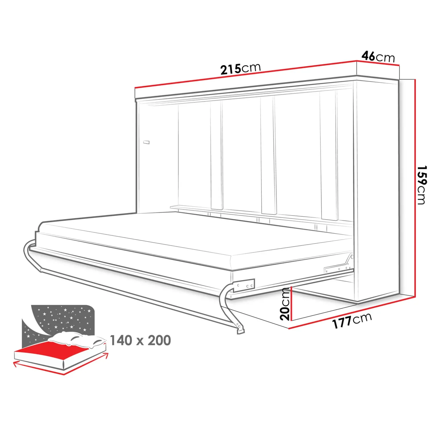 Letto a scomparsa orizzontale 140x200 cm alla francese bianco Chimera