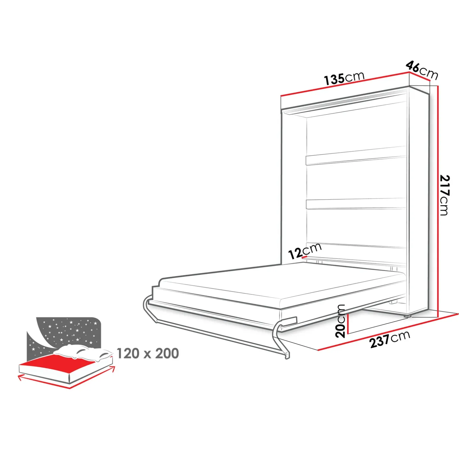 Letto a scomparsa verticale 120x200 cm una piazza e mezza bianco Chimera