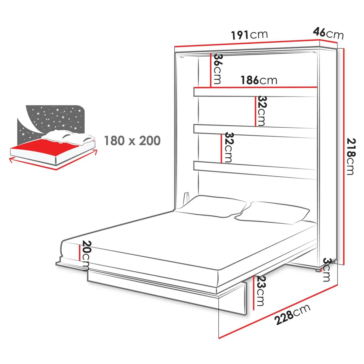Letto a scomparsa verticale 180x200 cm matrimoniale oversize bianco Camelio