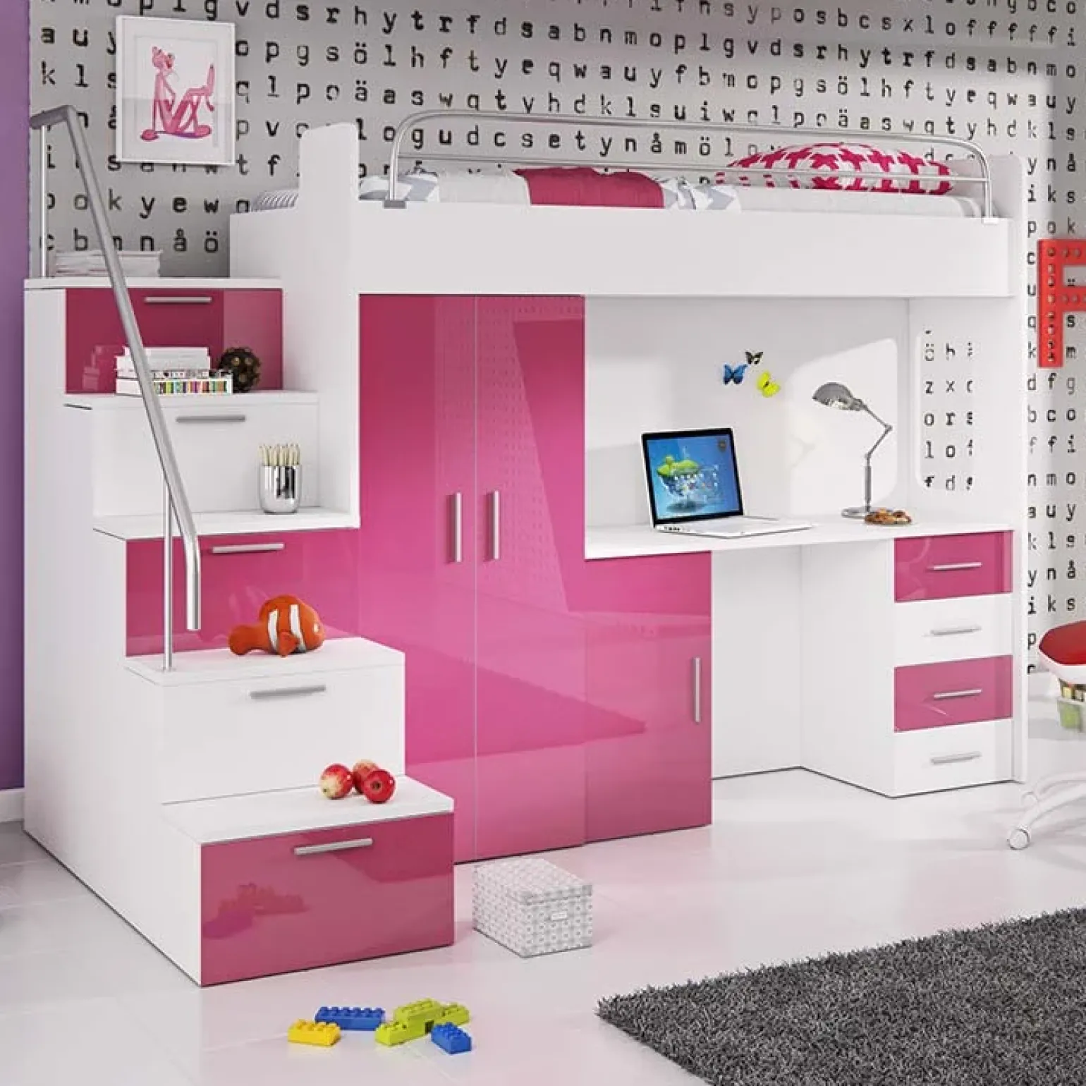 Letto a soppalco con armadio 254x120cm bianco rosa Simone Gihome®