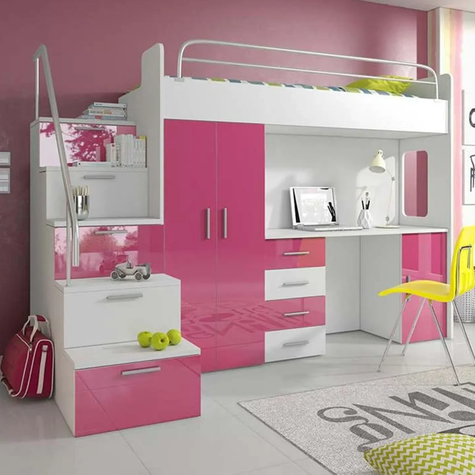 Letto a soppalco con armadio 254x120cm bianco rosa Simone Gihome®