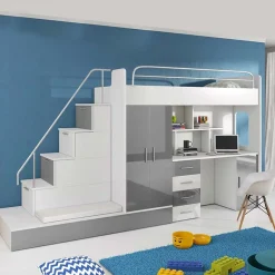 Letto a soppalco con armadio 324x180cm bianco grigio 2 letti Diego Gihome®