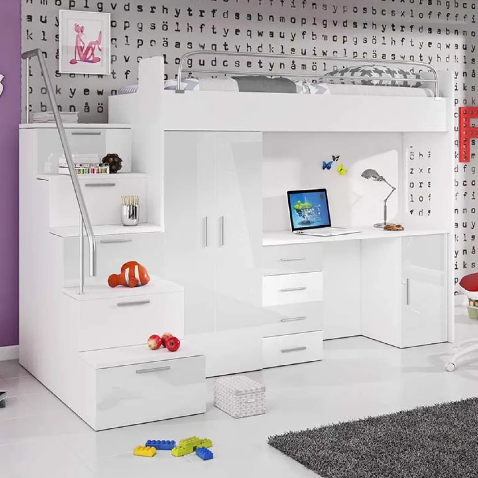 Letto a soppalco con armadio 254x120cm bianco Simone Gihome®
