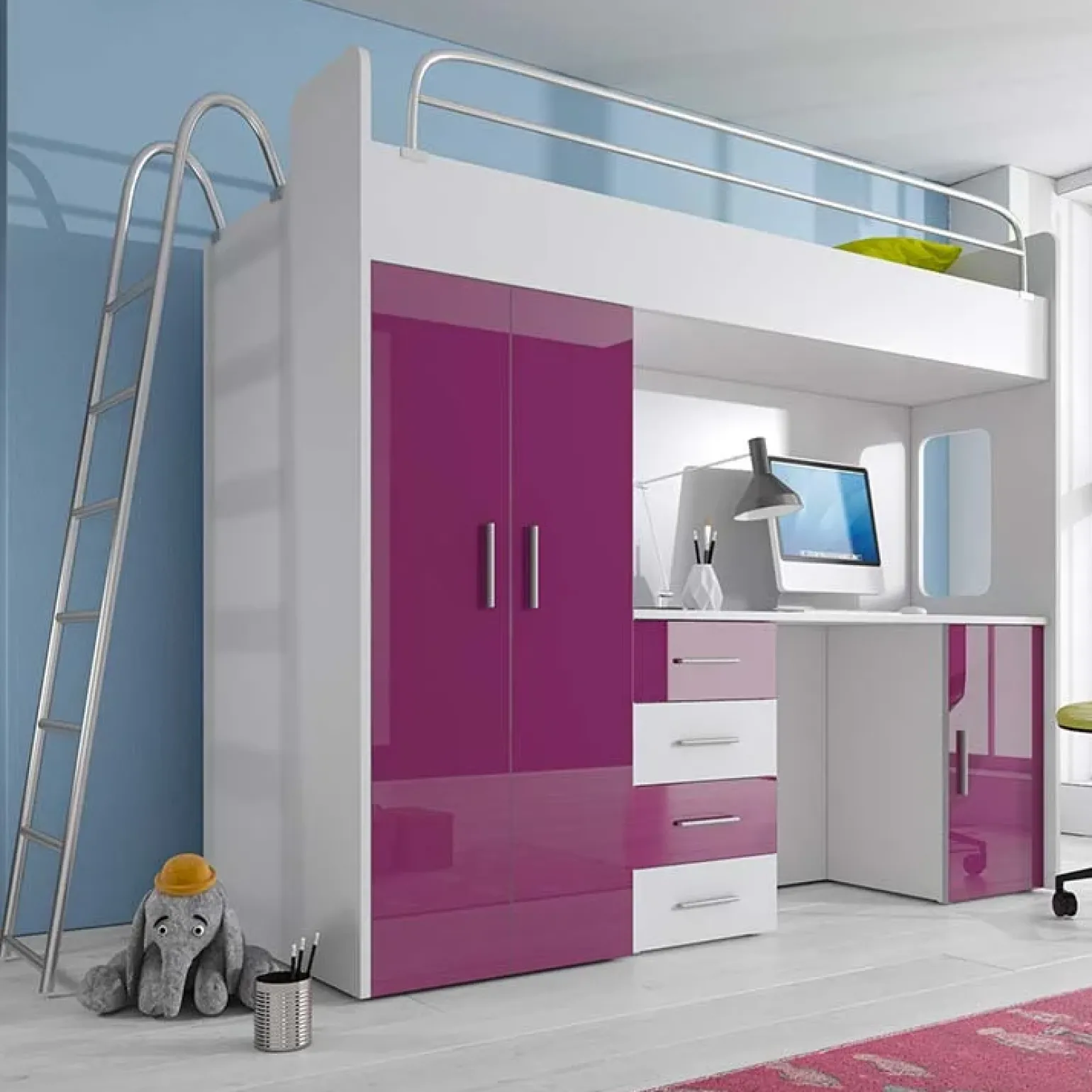 Letto a soppalco per bambini con armadio 204x86cm bianco viola Luca