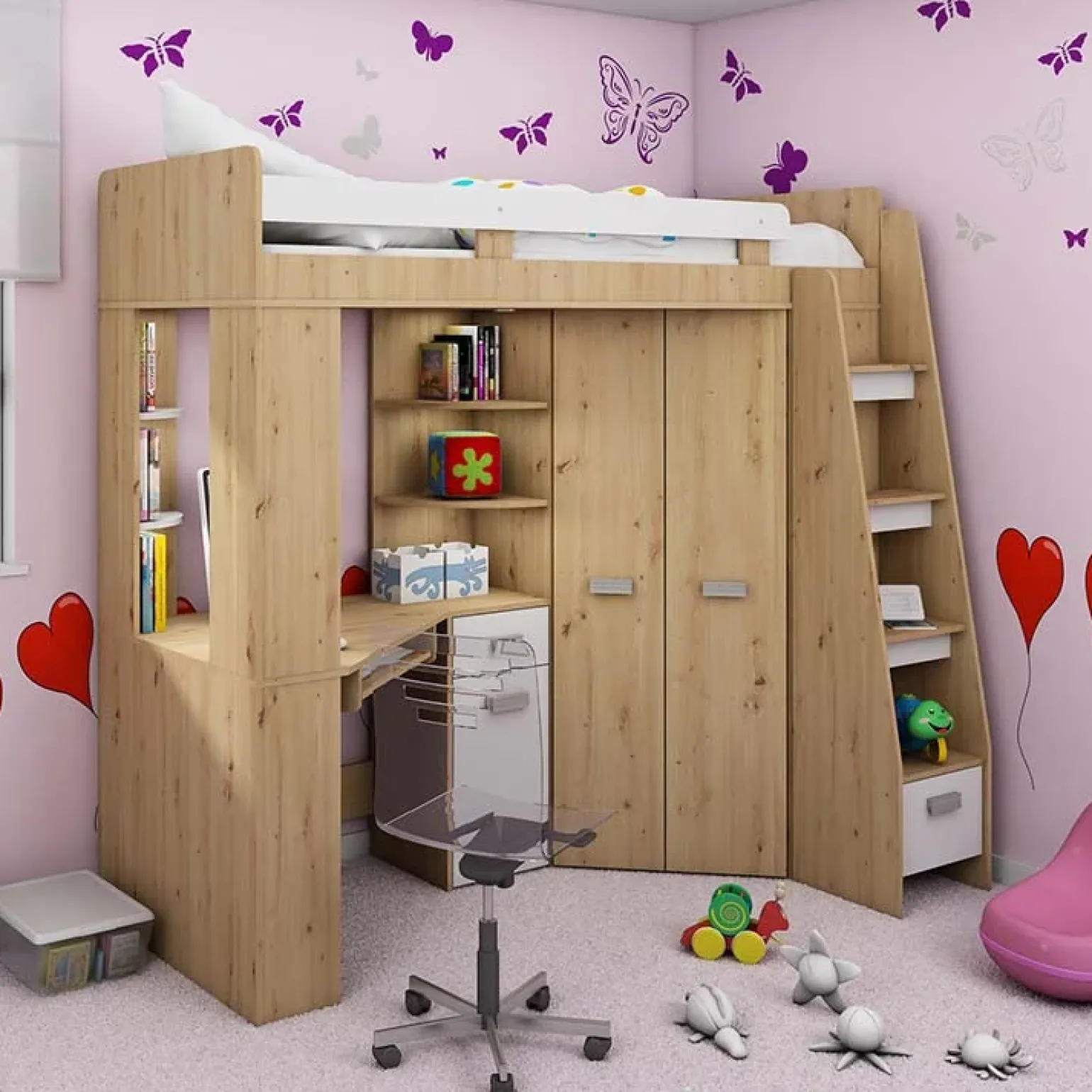 Letto a soppalco 204x120cm destra quercia bianco Dollie Gihome®