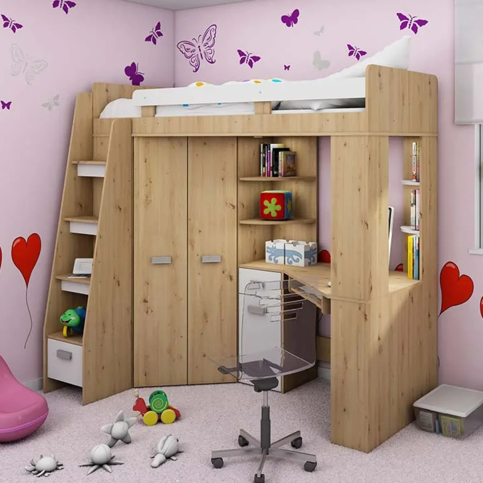 Letto a soppalco 204x120cm sinistra quercia bianco Dollie Gihome®