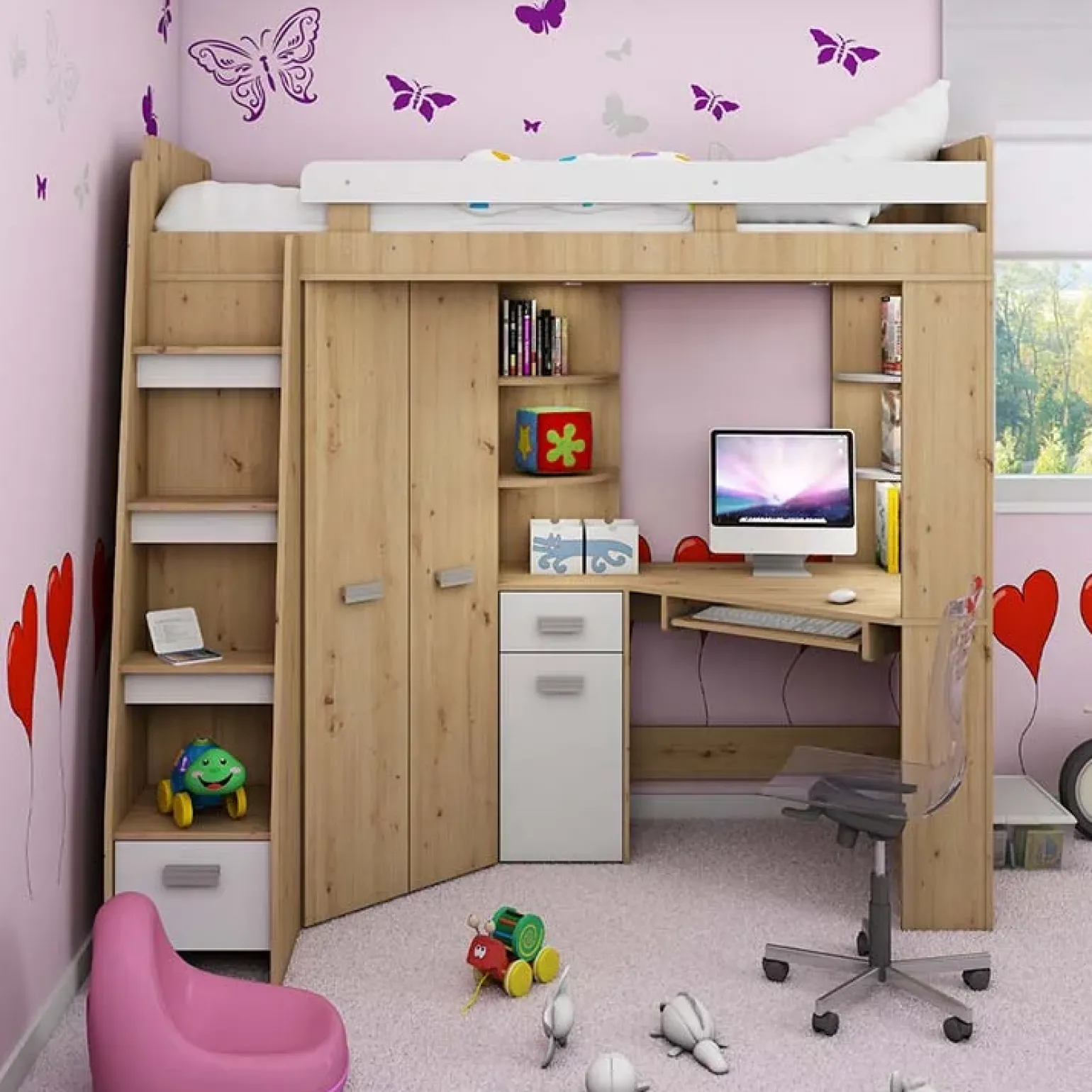 Letto a soppalco 204x120cm sinistra quercia bianco Dollie Gihome®