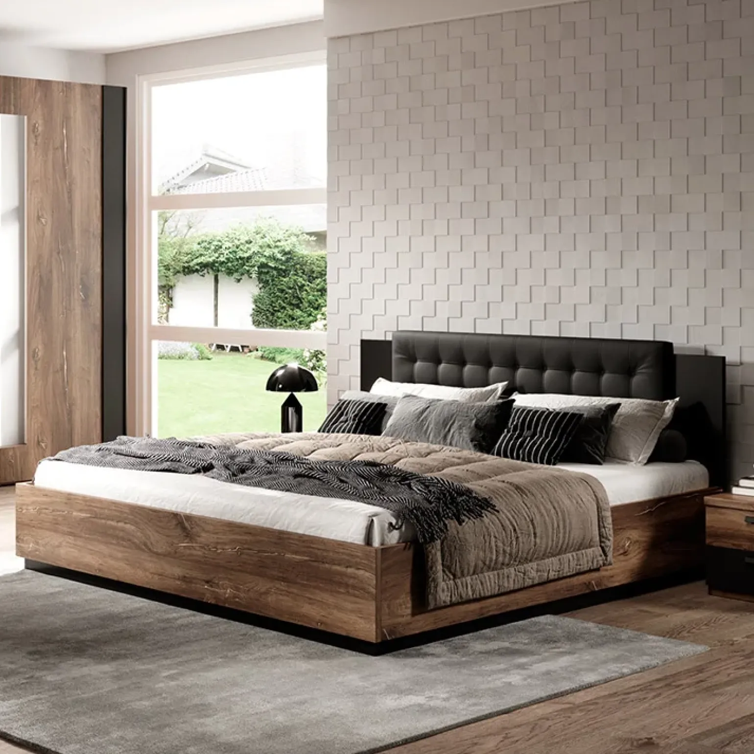 Letto alla francese contenitore 140x200cm rovere scuro nero Vulcano