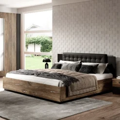 Letto alla francese contenitore 140x200cm quercia scuro nero Vulcano