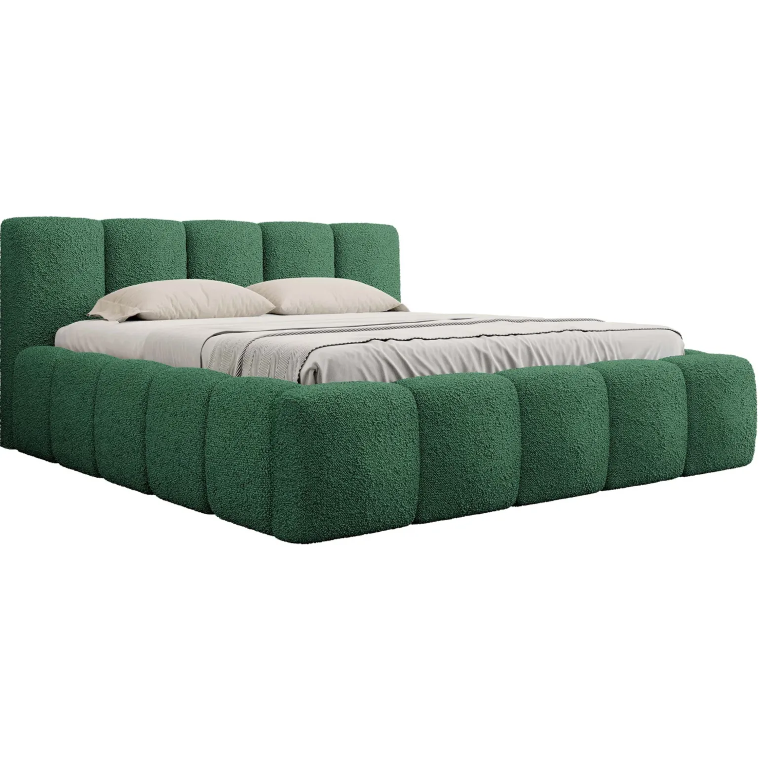 Letto alla francese 140x200cm con rete contenitore imbottito tessuto bouclé verde Aluna