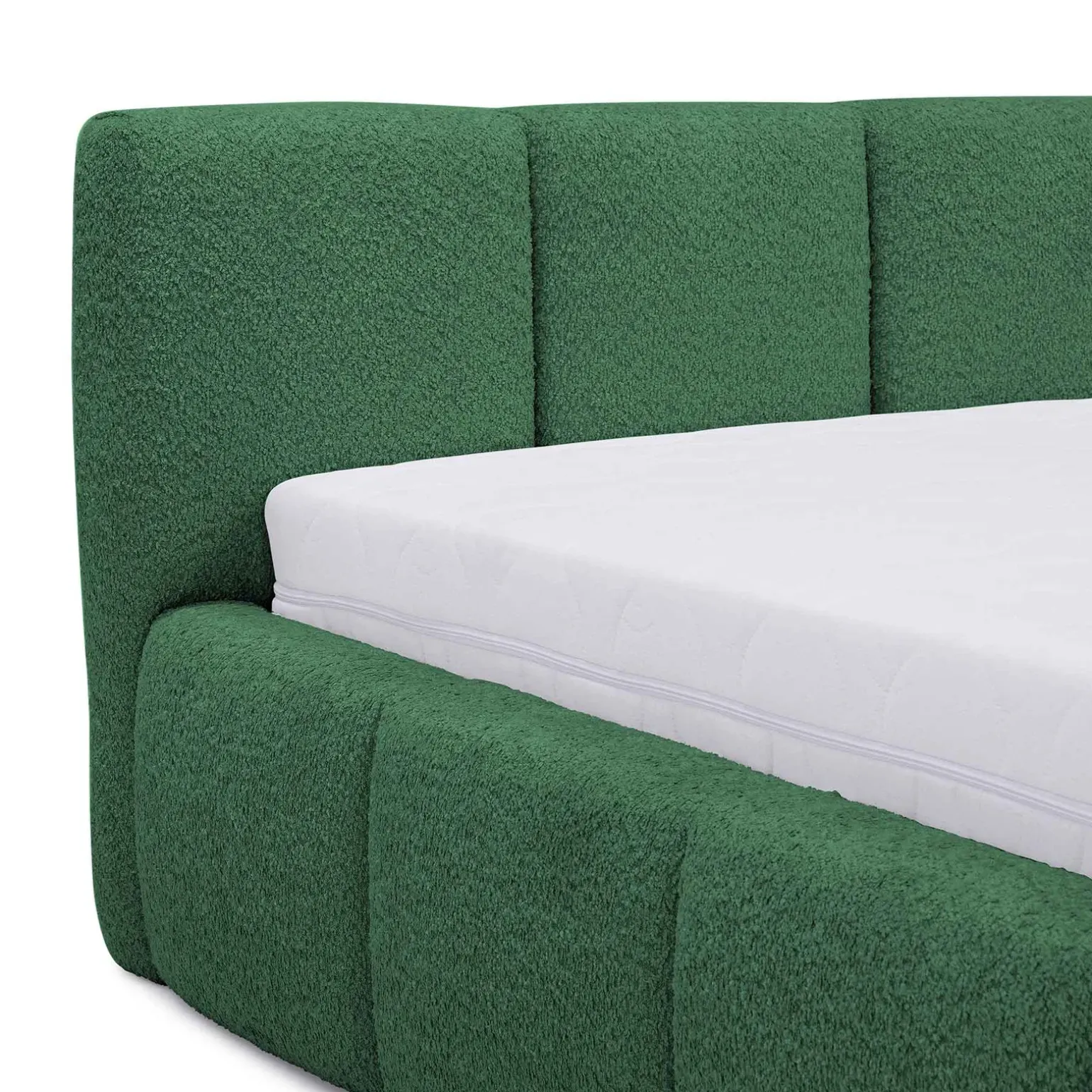 Letto alla francese 140x200cm con rete contenitore imbottito tessuto bouclé verde Aluna