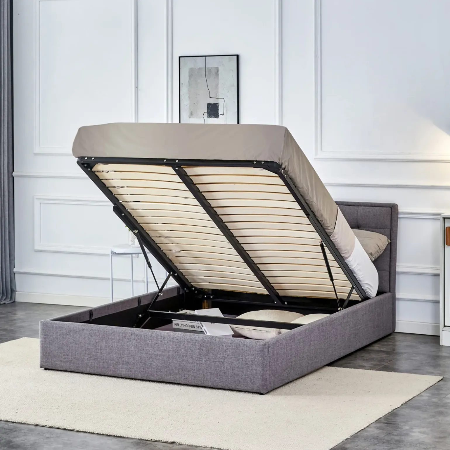 Letto alla francese 140x200cm con contenitore imbottito in tessuto grigio Foser Gihome®