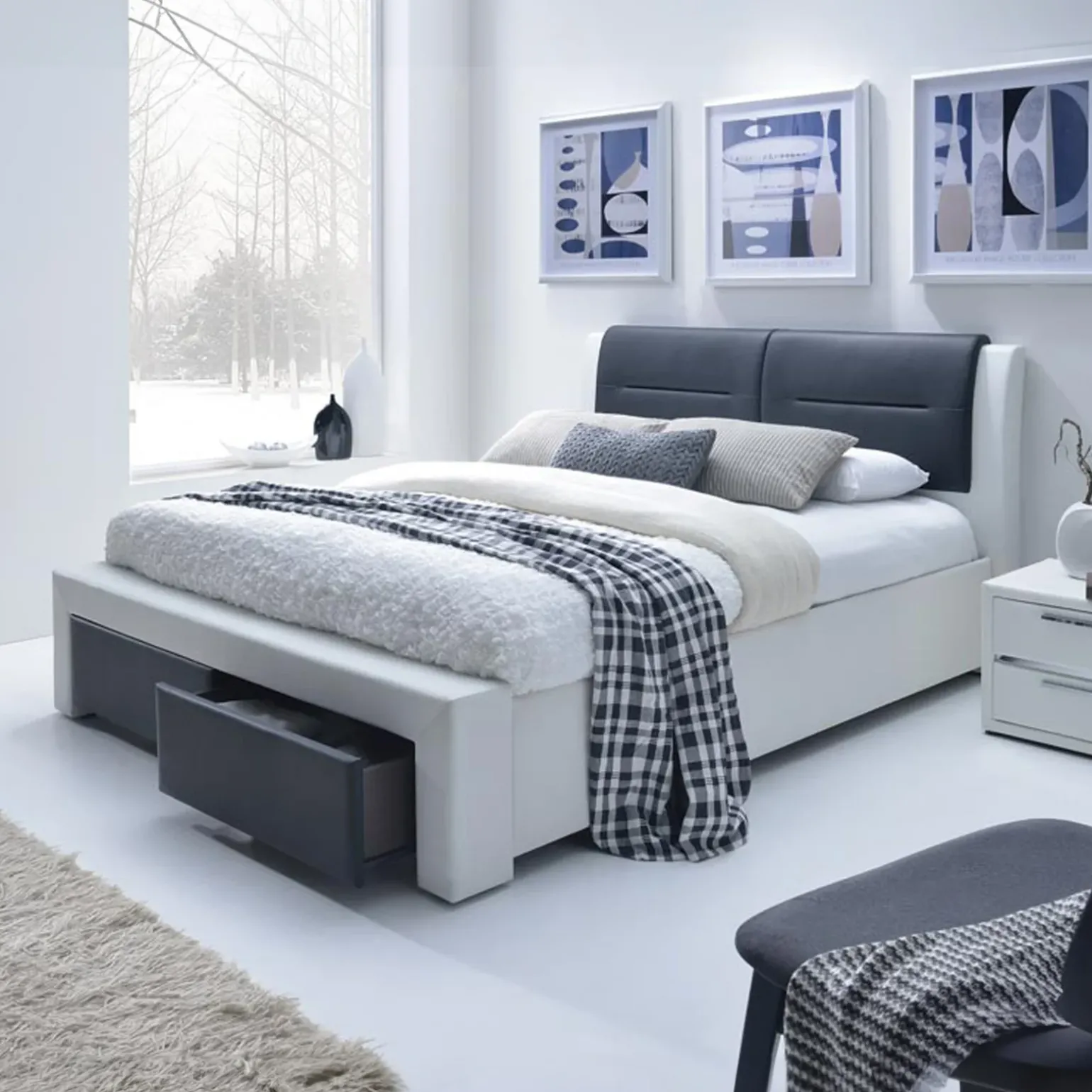 Letto alla francese 140x200cm con cassetti in ecopelle bianco nero Gallipoli Gihome®