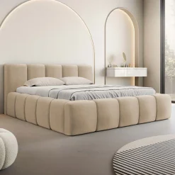 Letto alla francese 140x200cm con rete contenitore imbottito beige scuro Aluna