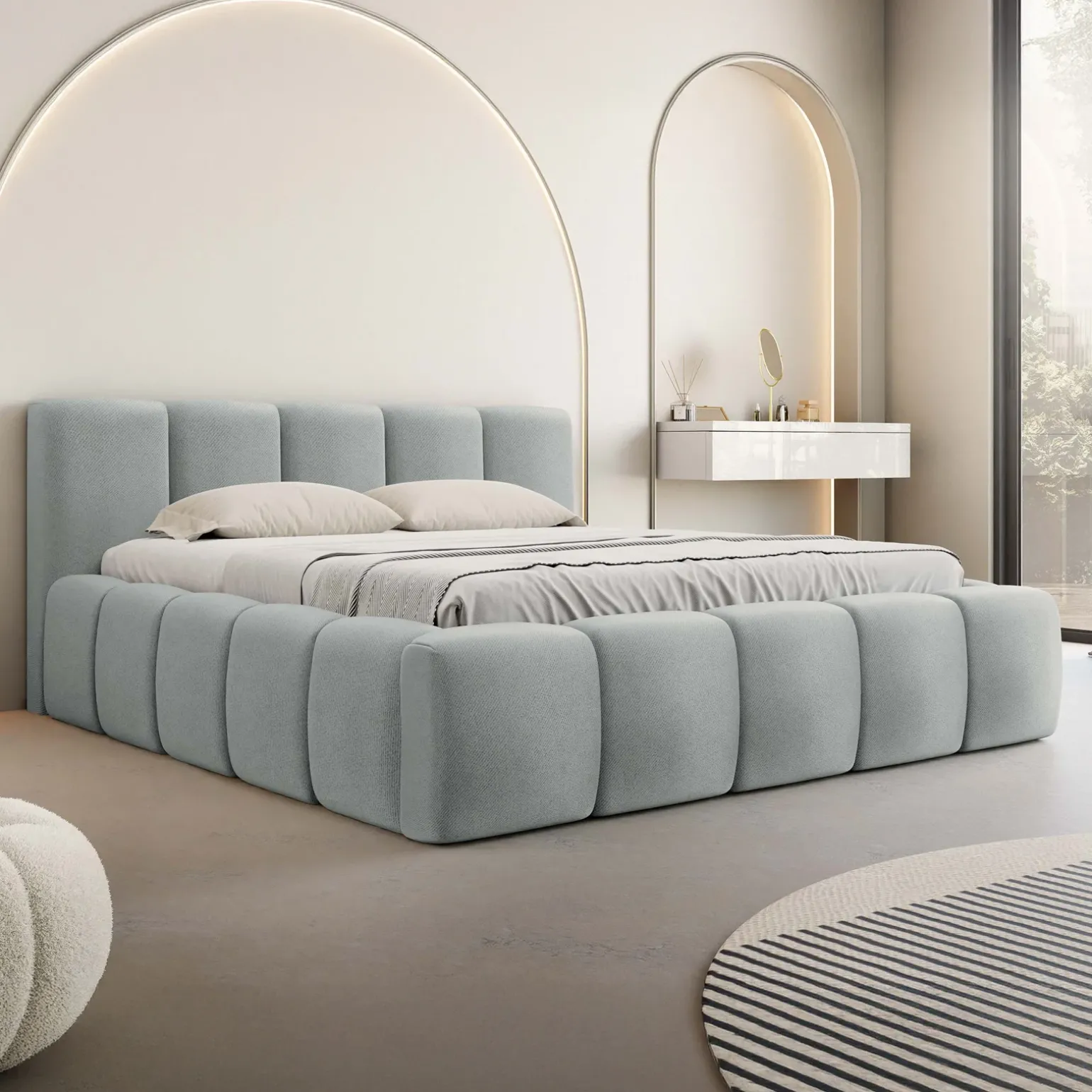 Letto alla francese 140x200cm con rete contenitore imbottito azzurro grigio Aluna