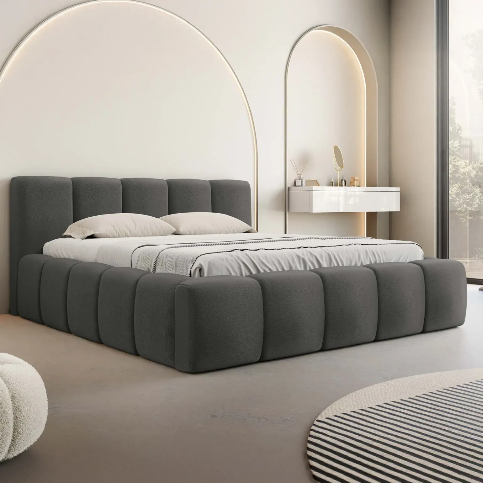 Letto alla francese 140x200cm con rete contenitore imbottito grigio scuro Aluna