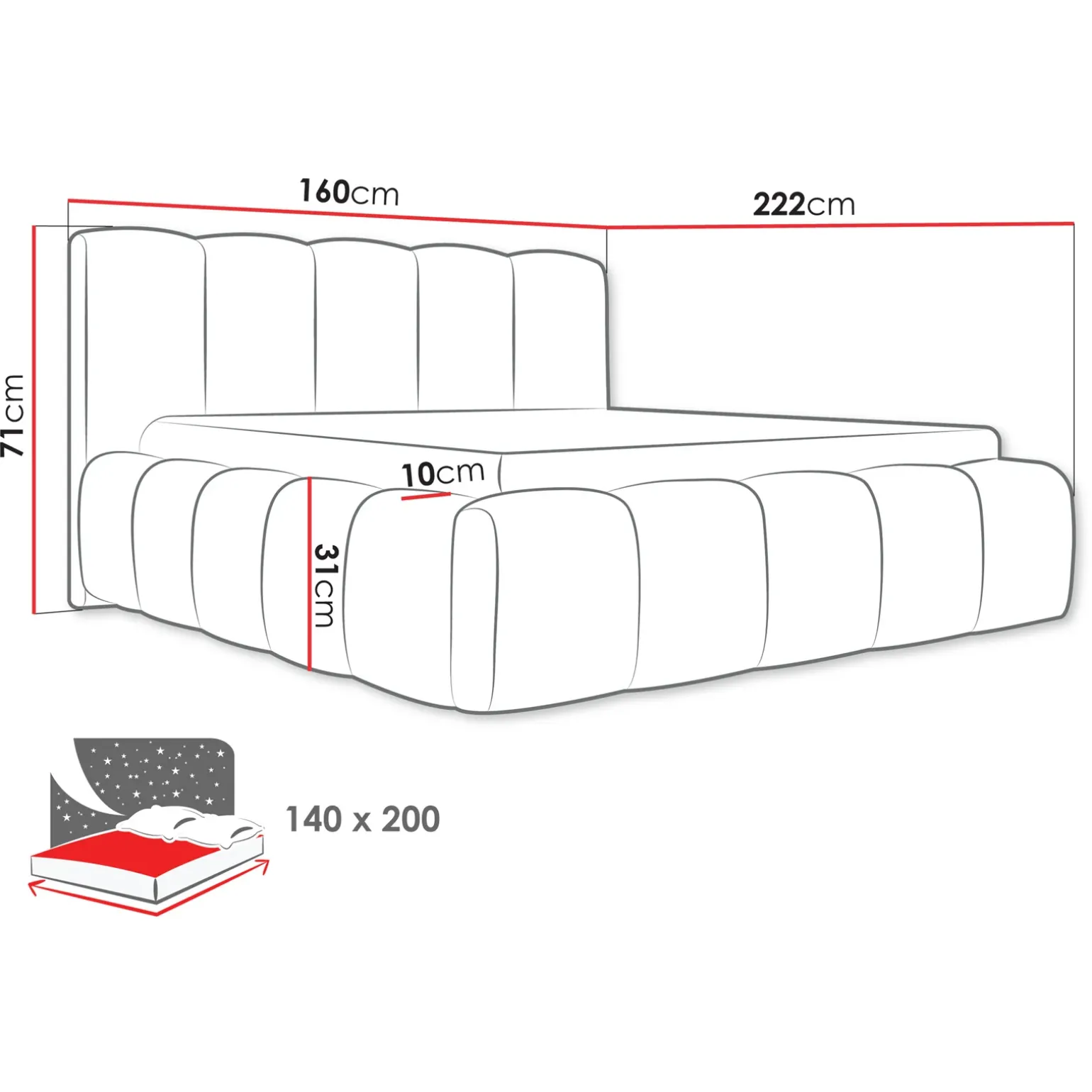 Letto alla francese 140x200cm con rete contenitore imbottito grigio scuro Aluna