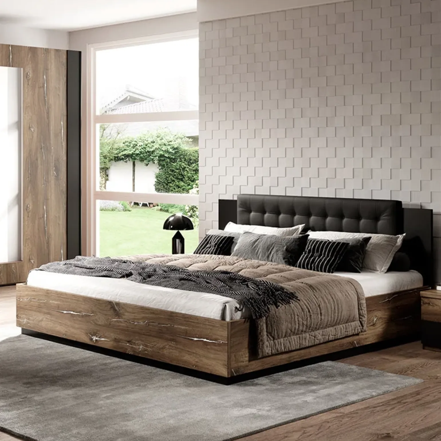Letto alla francese 140x200cm quercia scuro nero Vulcano