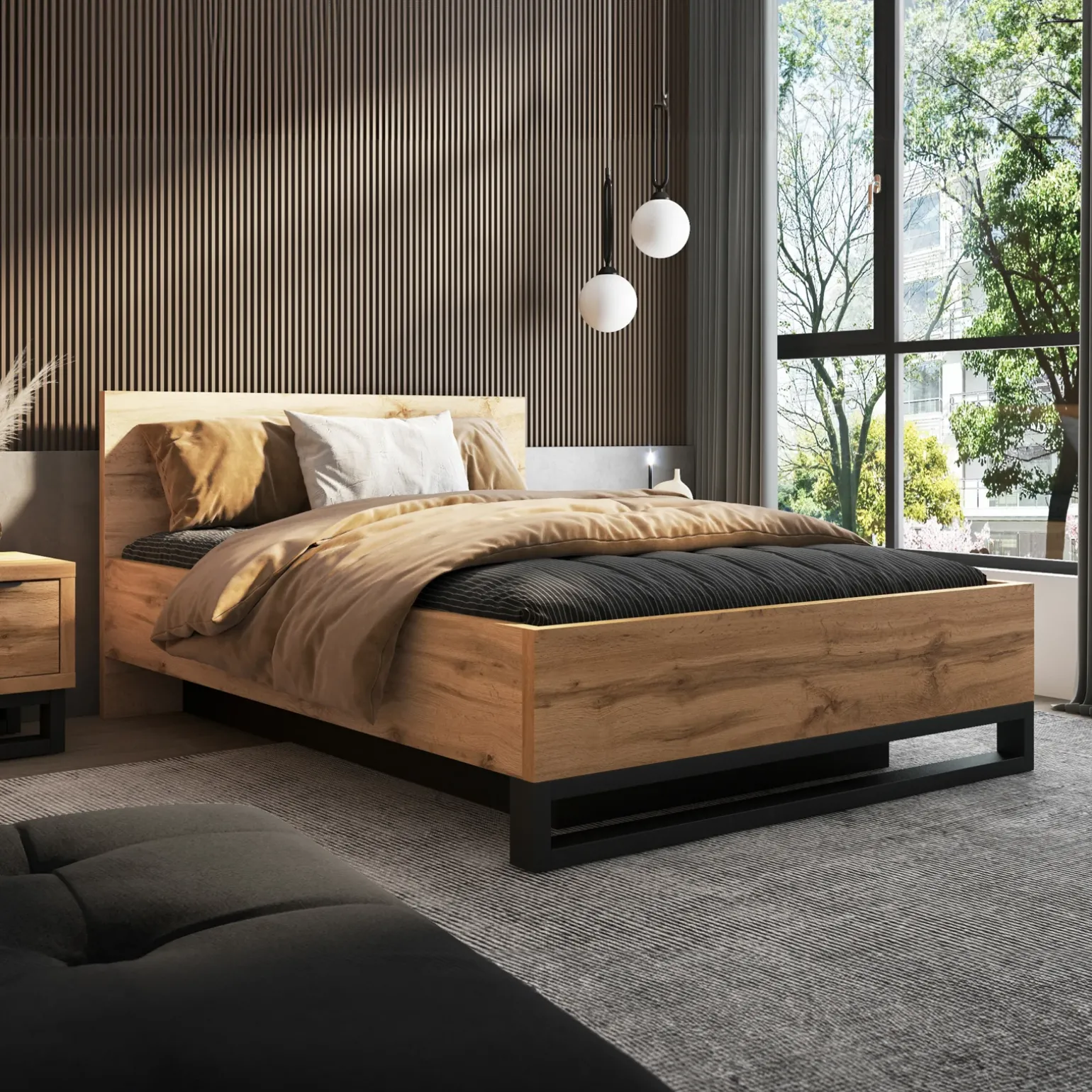Letto contenitore alla francese 140x200cm rovere metallo nero Petra