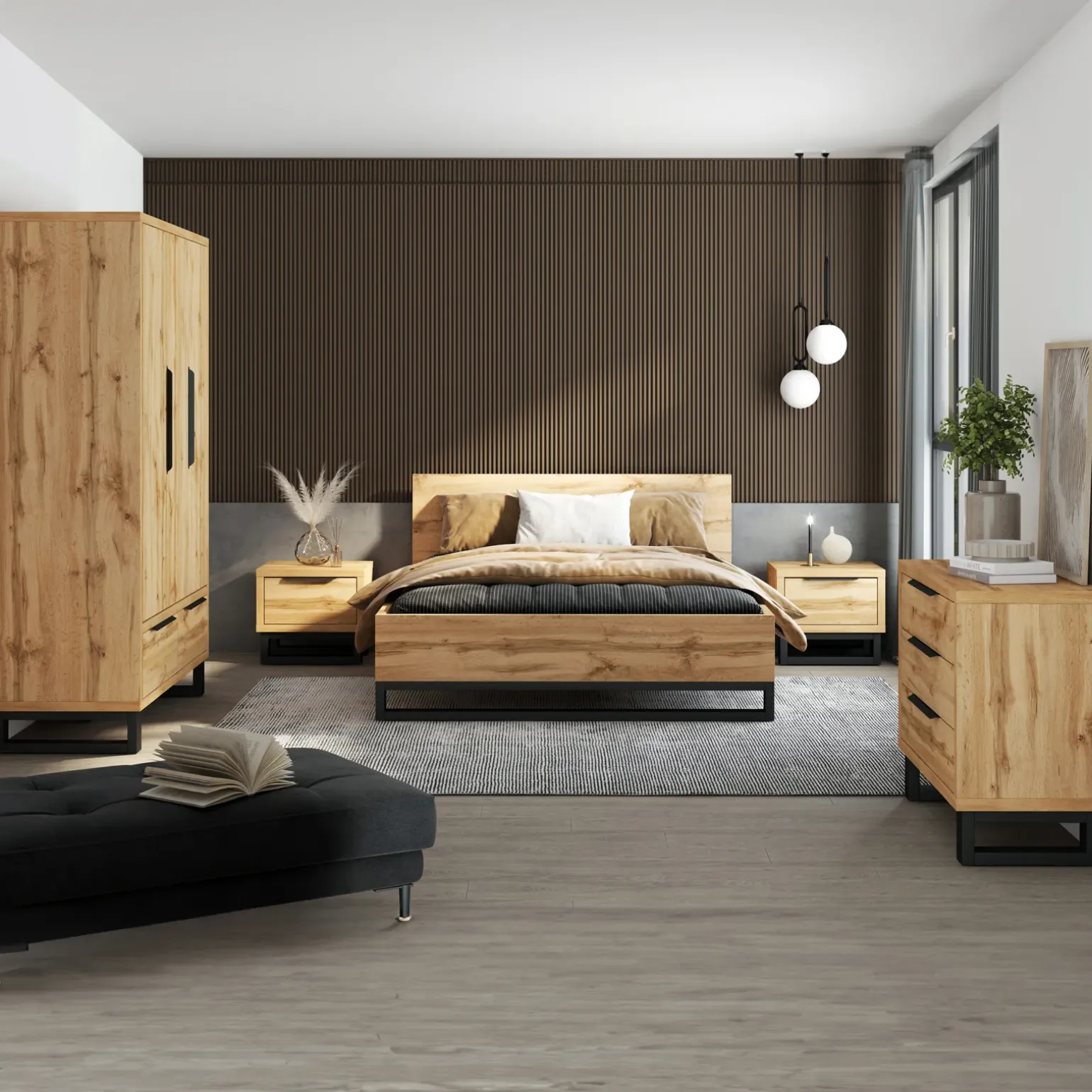 Letto contenitore alla francese 140x200cm rovere metallo nero Petra