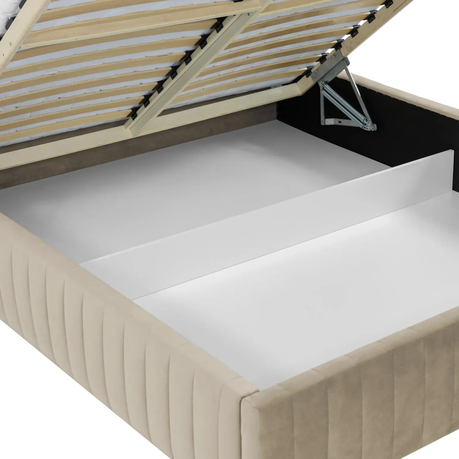 Letto contenitore alla francese 140x200cm imbottito velluto beige Poffi