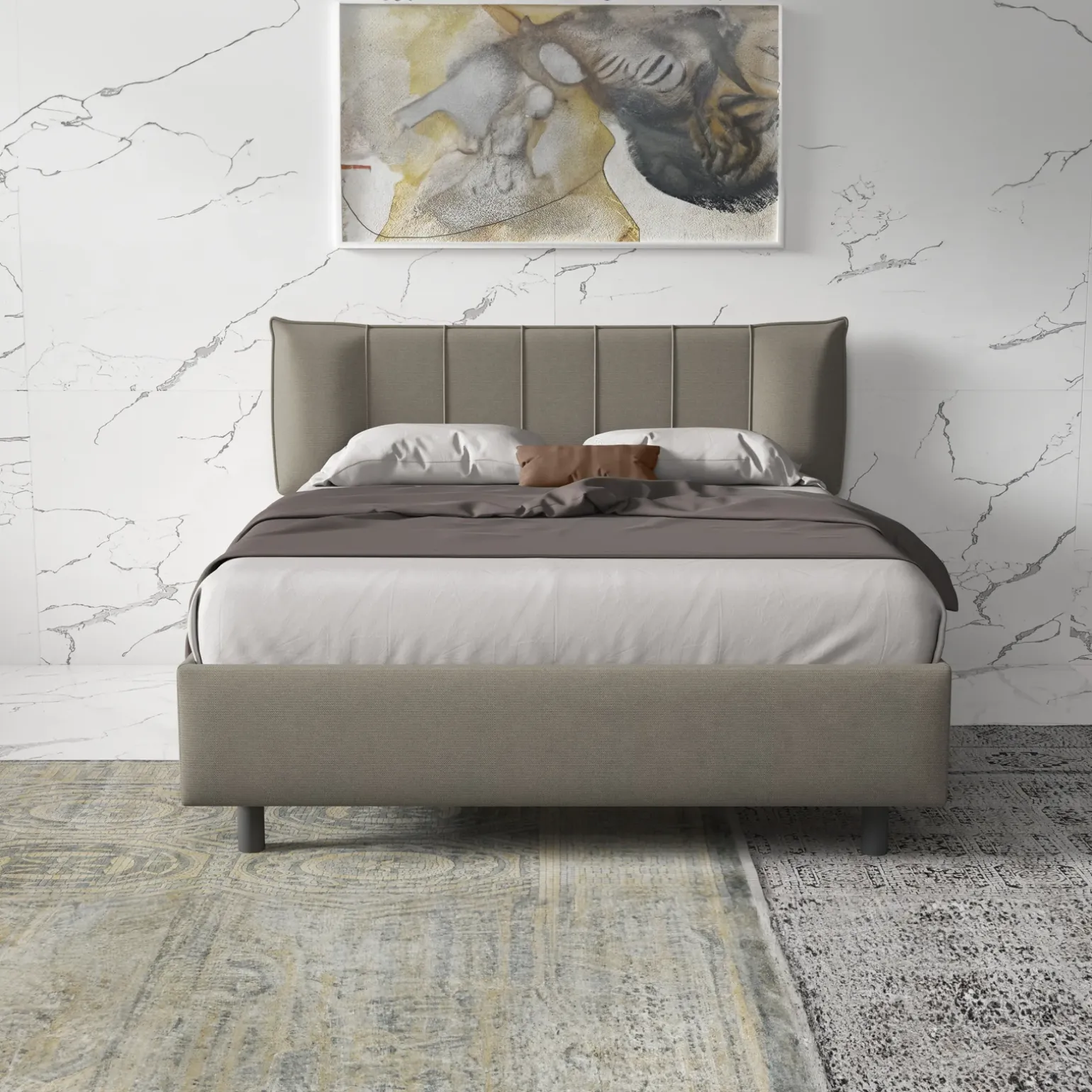 Letto contenitore matrimoniale 160x195cm imbottito tessuto tortora CozyHaven