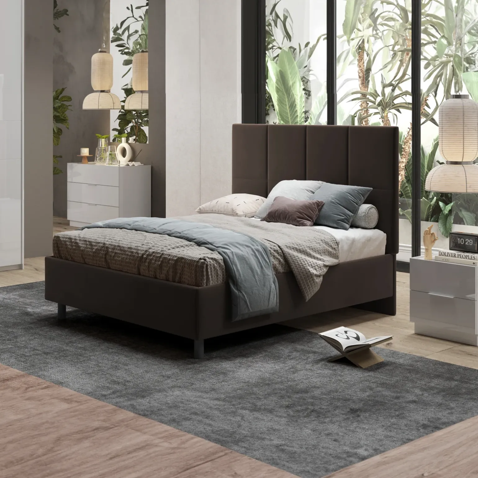 Letto contenitore matrimoniale 160x195 imbottito tessuto marrone SleepSolutions