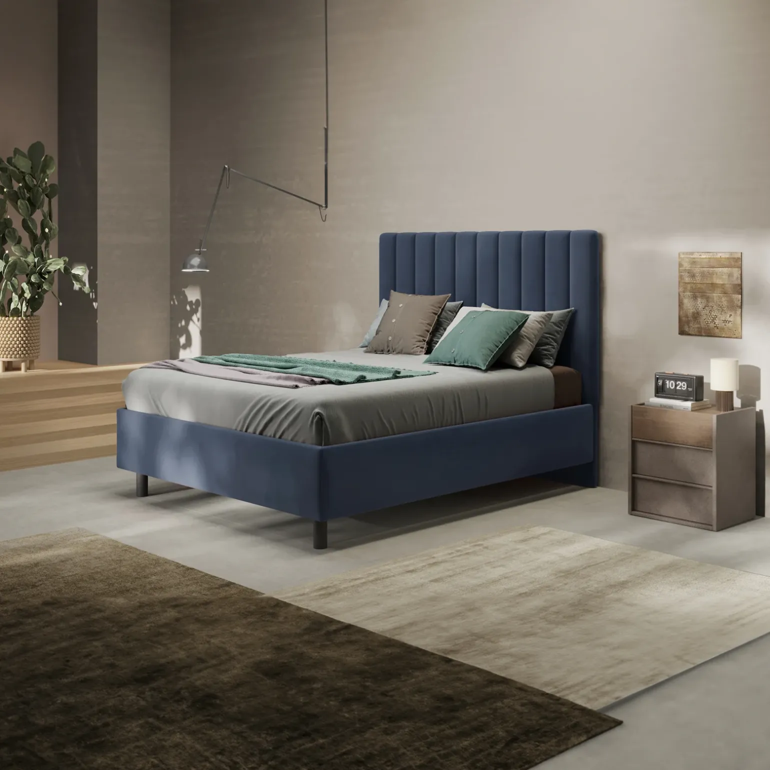 Letto contenitore matrimoniale 160x195 imbottito tessuto blu CozyCubby