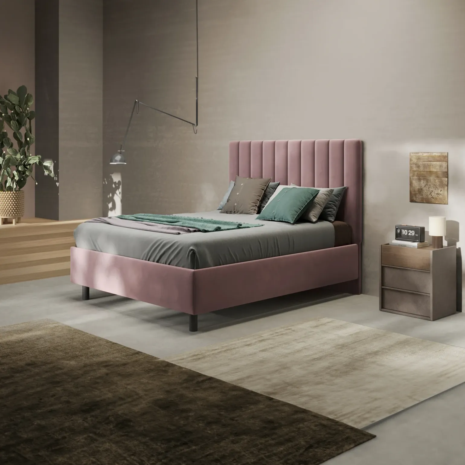 Letto contenitore matrimoniale 160x195 imbottito tessuto rosa CozyCubby