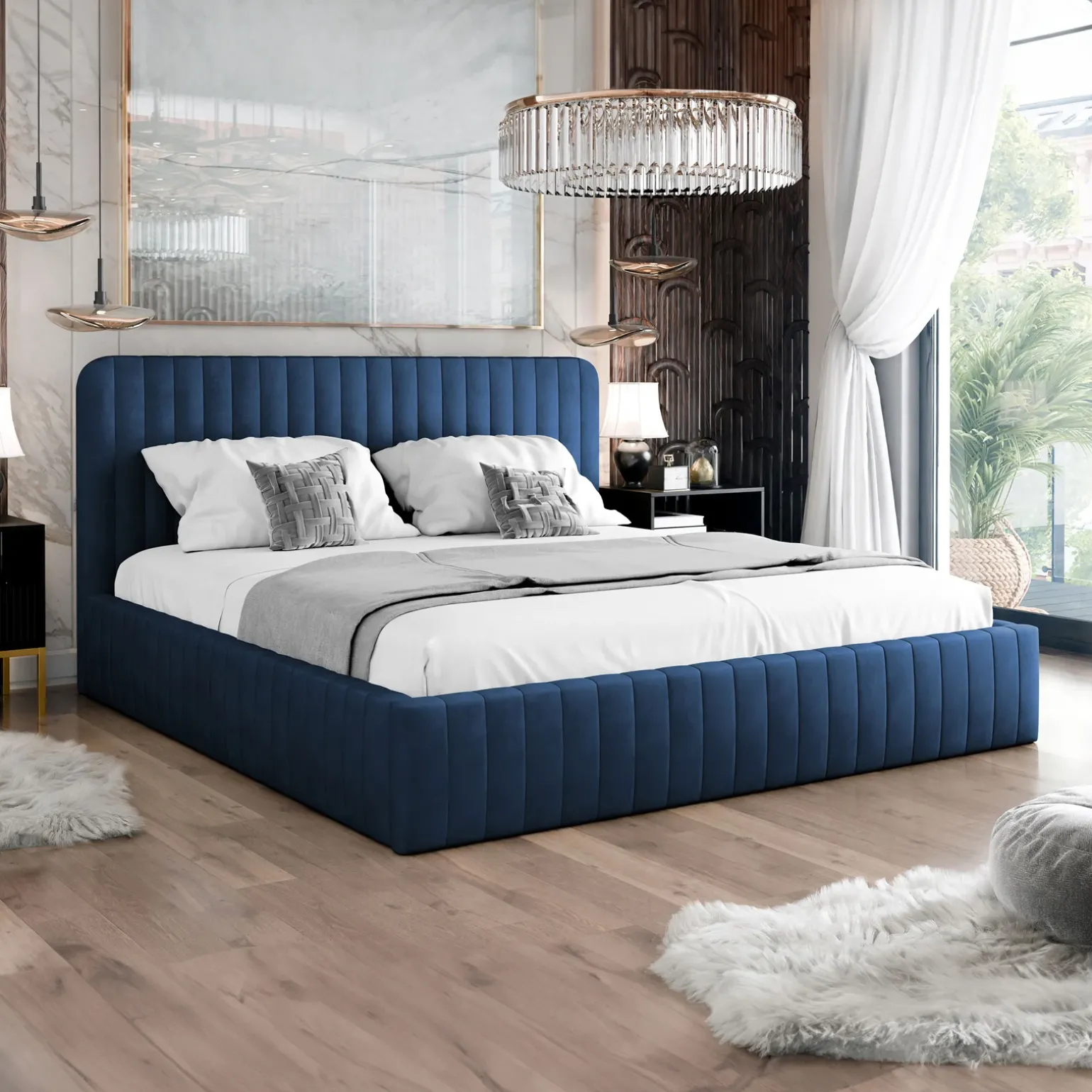 Letto contenitore matrimoniale 160x200 imbottito velluto blu Poffi