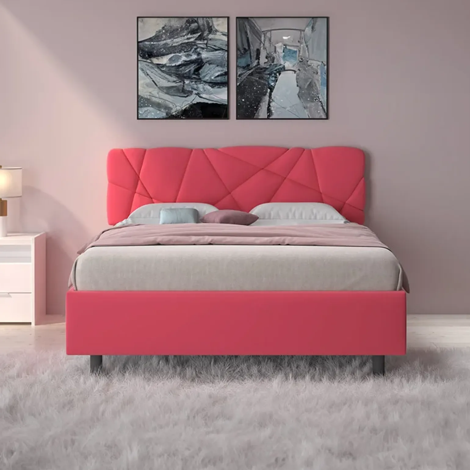 Letto contenitore matrimoniale 160x195 imbottito tessuto rosa LuxeSleep