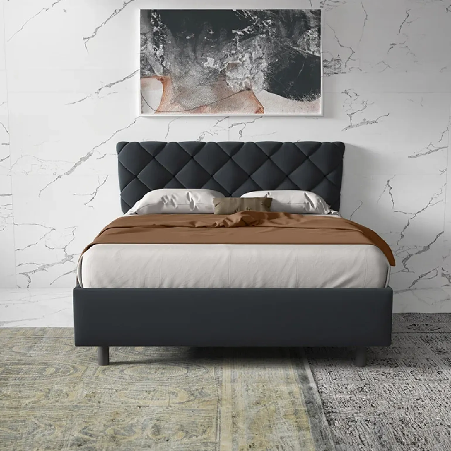 Letto contenitore matrimoniale 160x195 imbottito tessuto antracite ZenZone