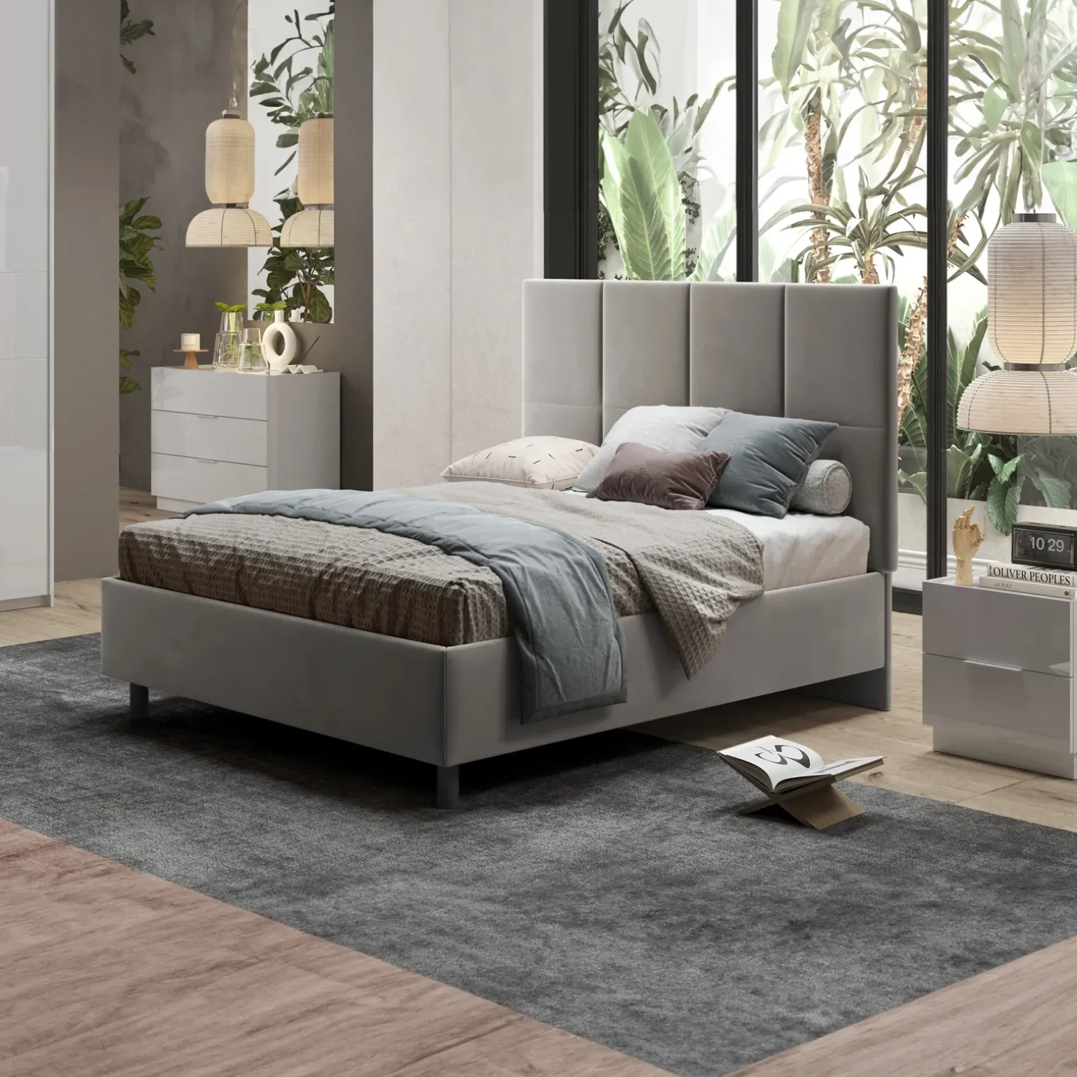 Letto contenitore matrimoniale 160x195 imbottito tessuto grigio SleepSolutions