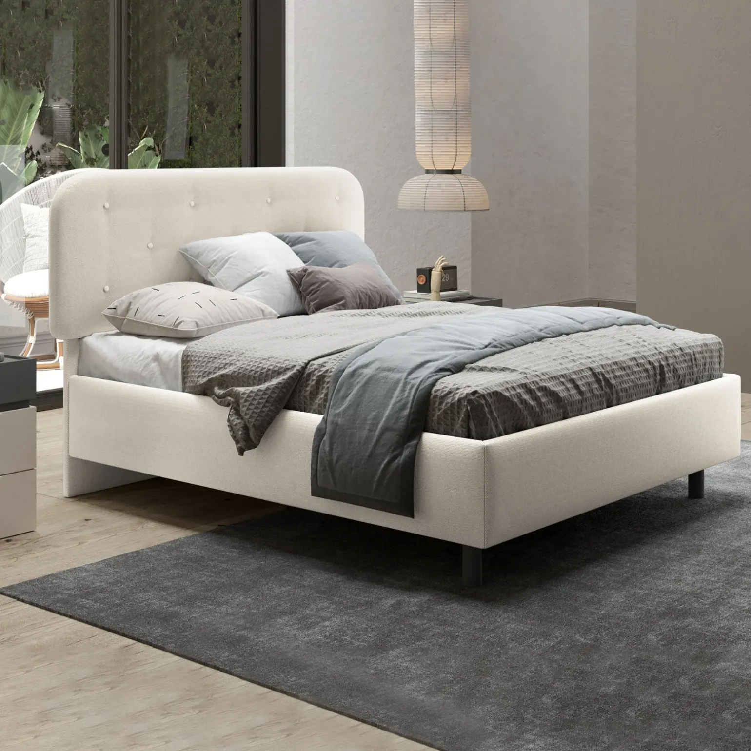 Letto contenitore matrimoniale 160x195cm imbottito tessuto bianco sabbia DreamLift