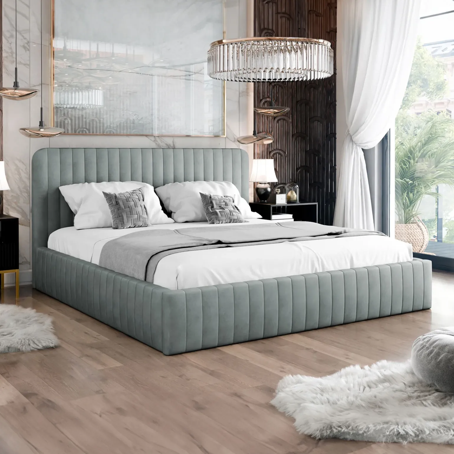 Letto contenitore matrimoniale oversize 180x200 imbottito velluto grigio Poffi