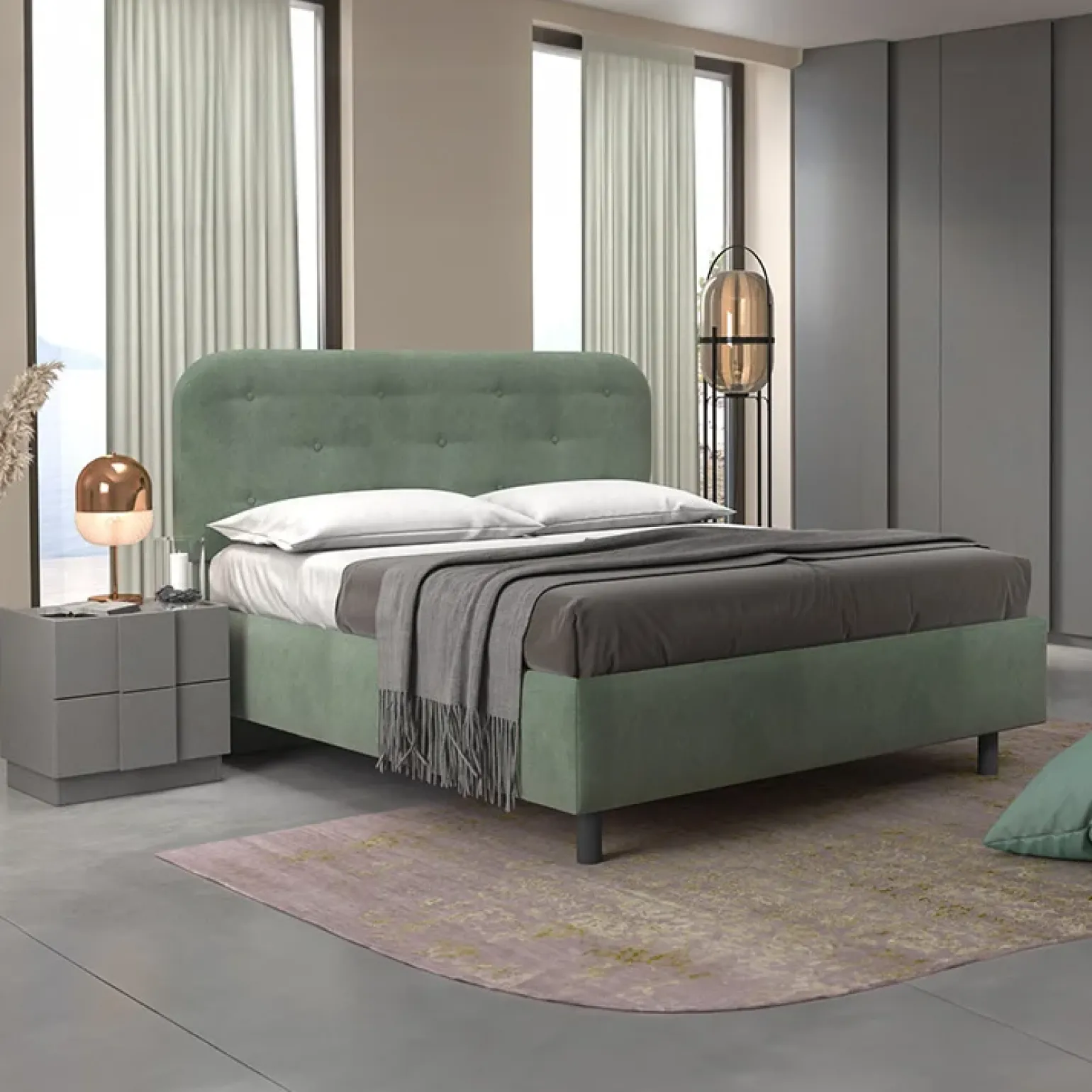 Letto contenitore matrimoniale 160x195cm imbottito tessuto verde salvia DreamLift