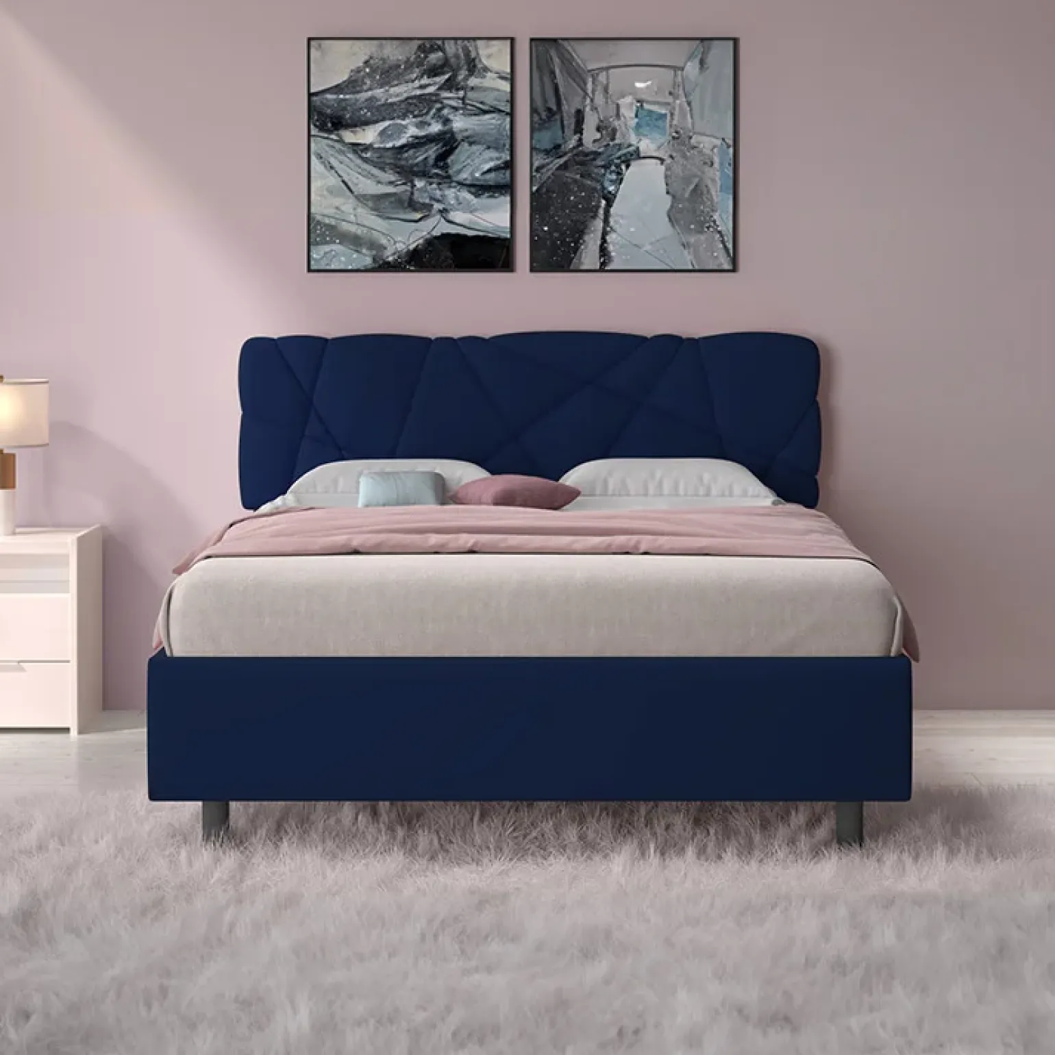 Letto contenitore matrimoniale 160x195 imbottito tessuto blu LuxeSleep