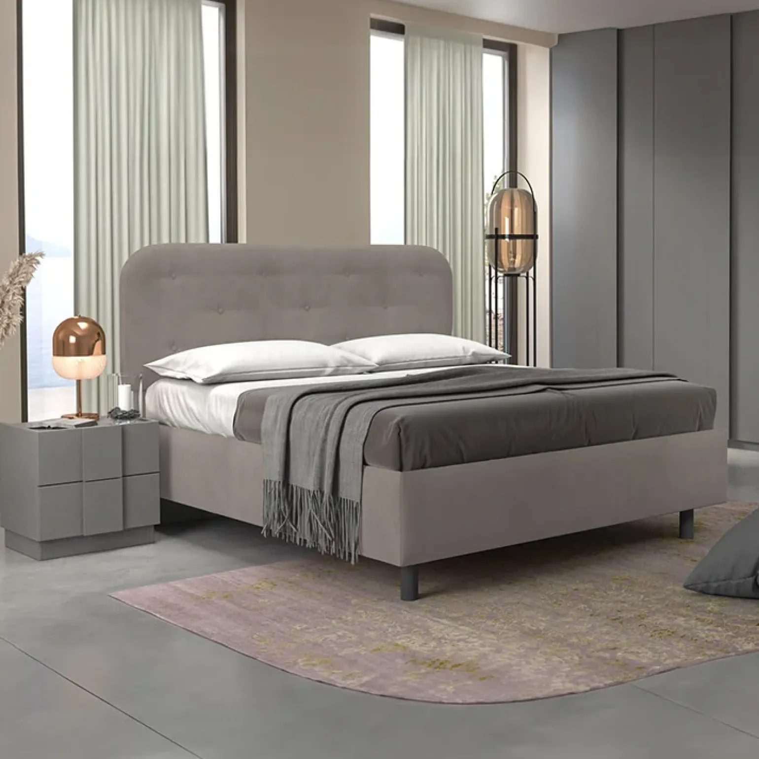 Letto contenitore matrimoniale 160x195cm imbottito tessuto tortora DreamLift