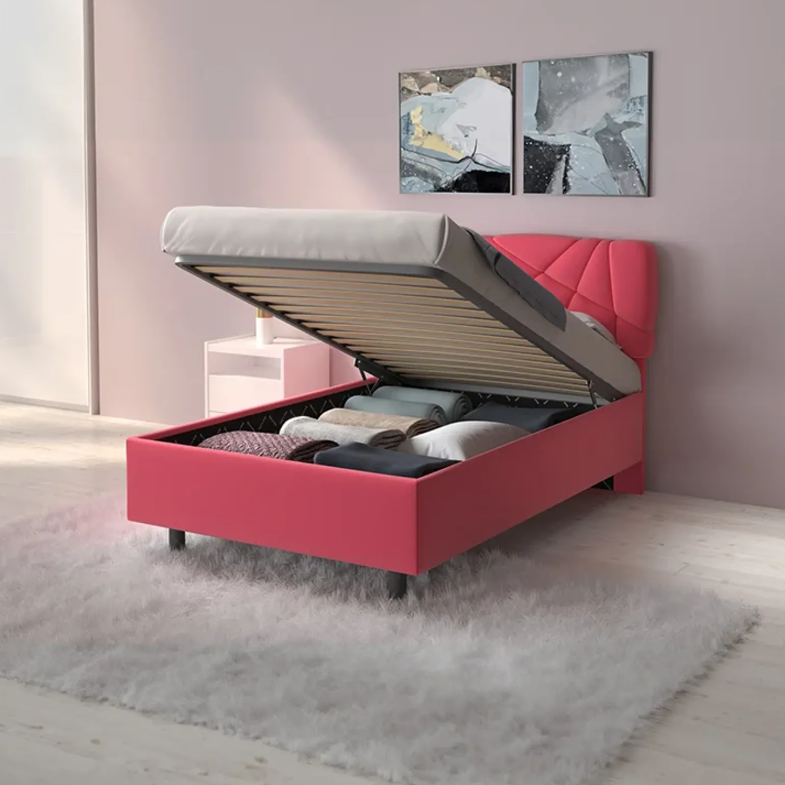 Letto contenitore una piazza e mezza 120x195cm imbottito tessuto rosa LuxeSleep