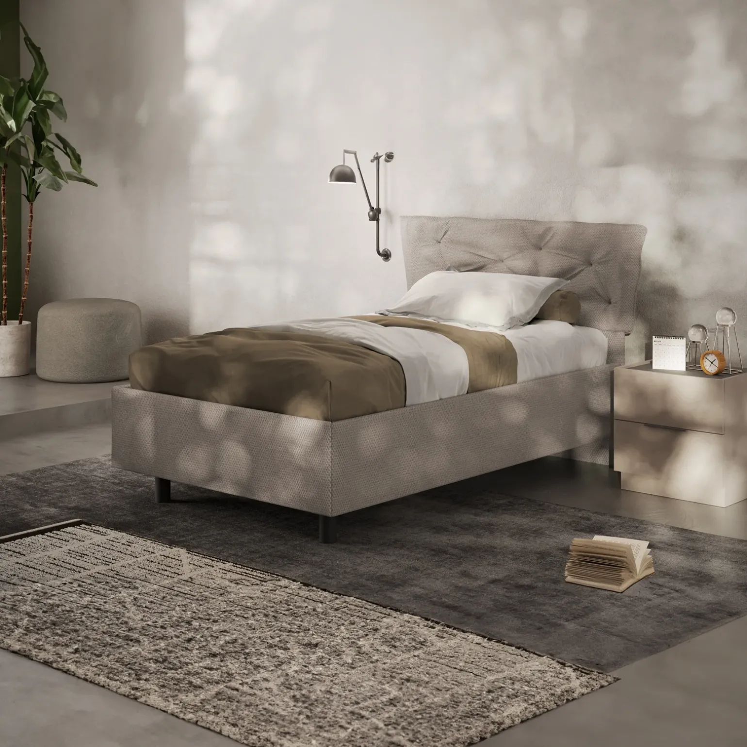 Letto contenitore una piazza e mezza 120x195cm imbottito tessuto tortora DreamSpace