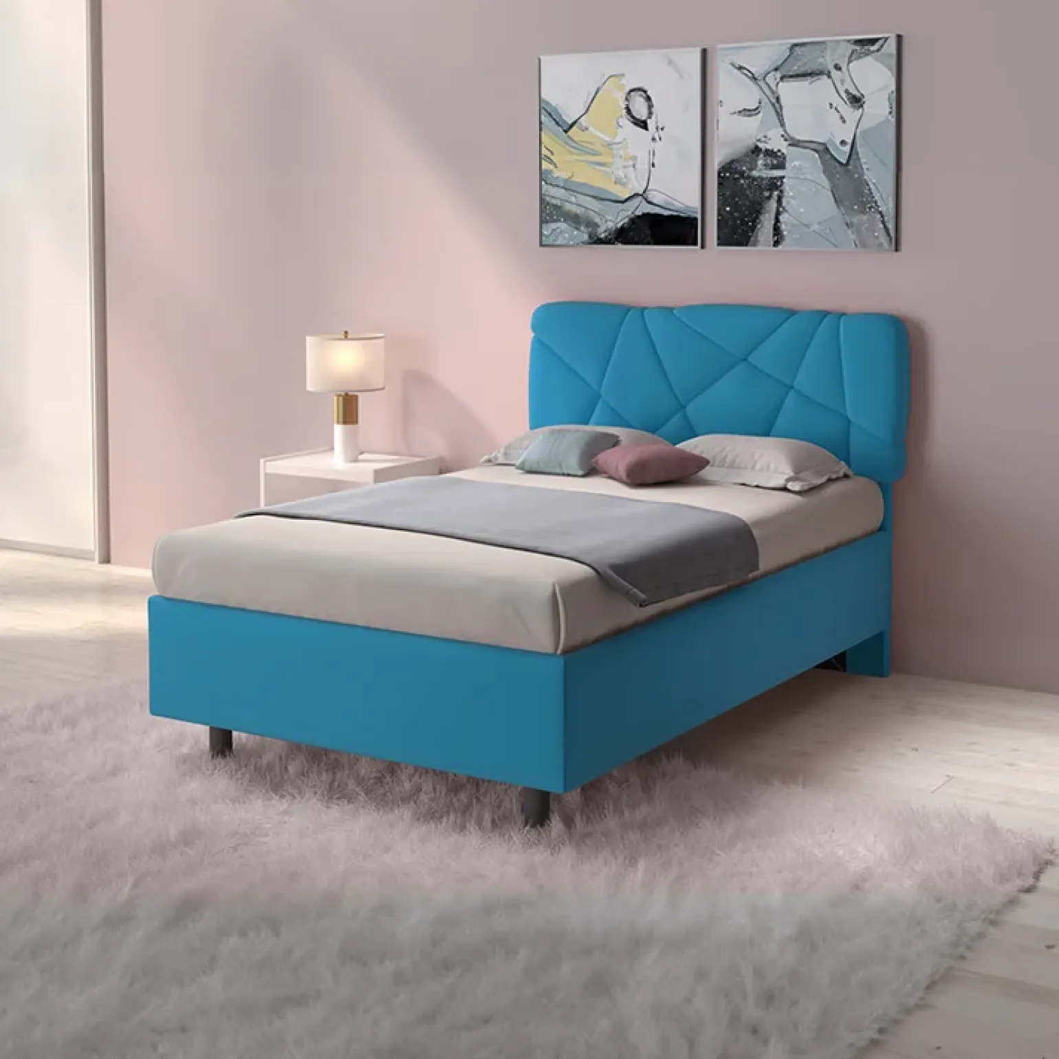 Letto contenitore una piazza e mezza 120x195 imbottito tessuto azzurro LuxeSleep